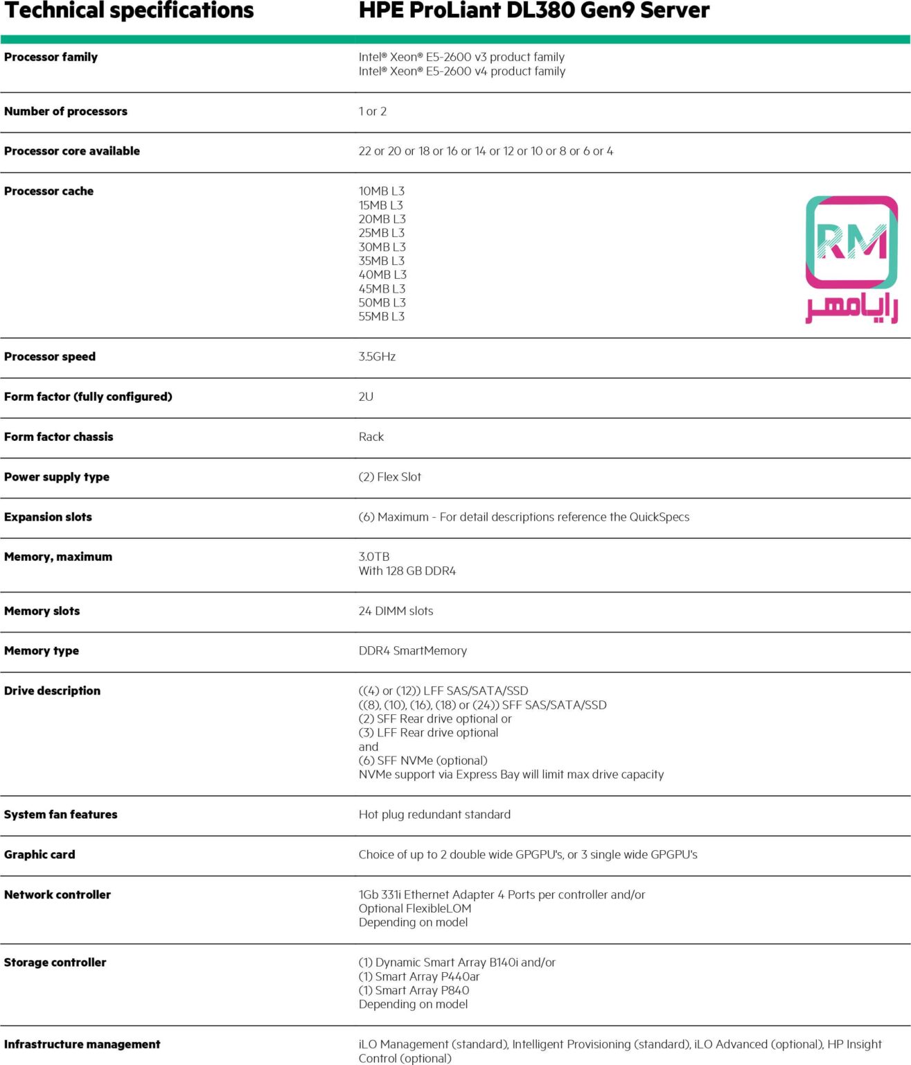 مشخصات سرور DL380 Gen9
